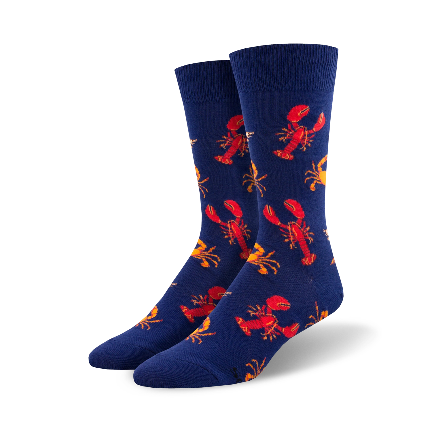 Pair of crew socks with a navy blue background and a repeating pattern of red lobsters and orange crabs.