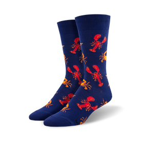 blue crew socks with a pattern of red lobsters, orange crabs, and yellow shrimp.  