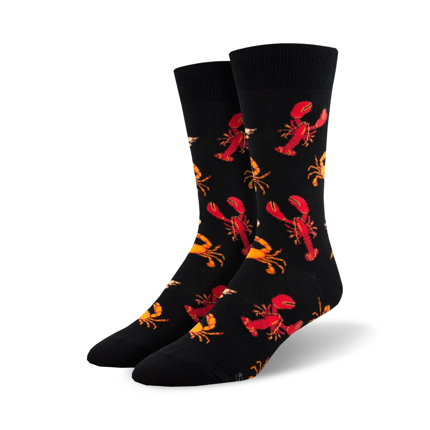 Close-up of a pair of black crew socks with red lobster and orange crab design; showcasing the detail of the illustration.