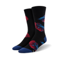 Pair of black crew socks with red and blue betta fish designs.  Features a navy blue cuff.