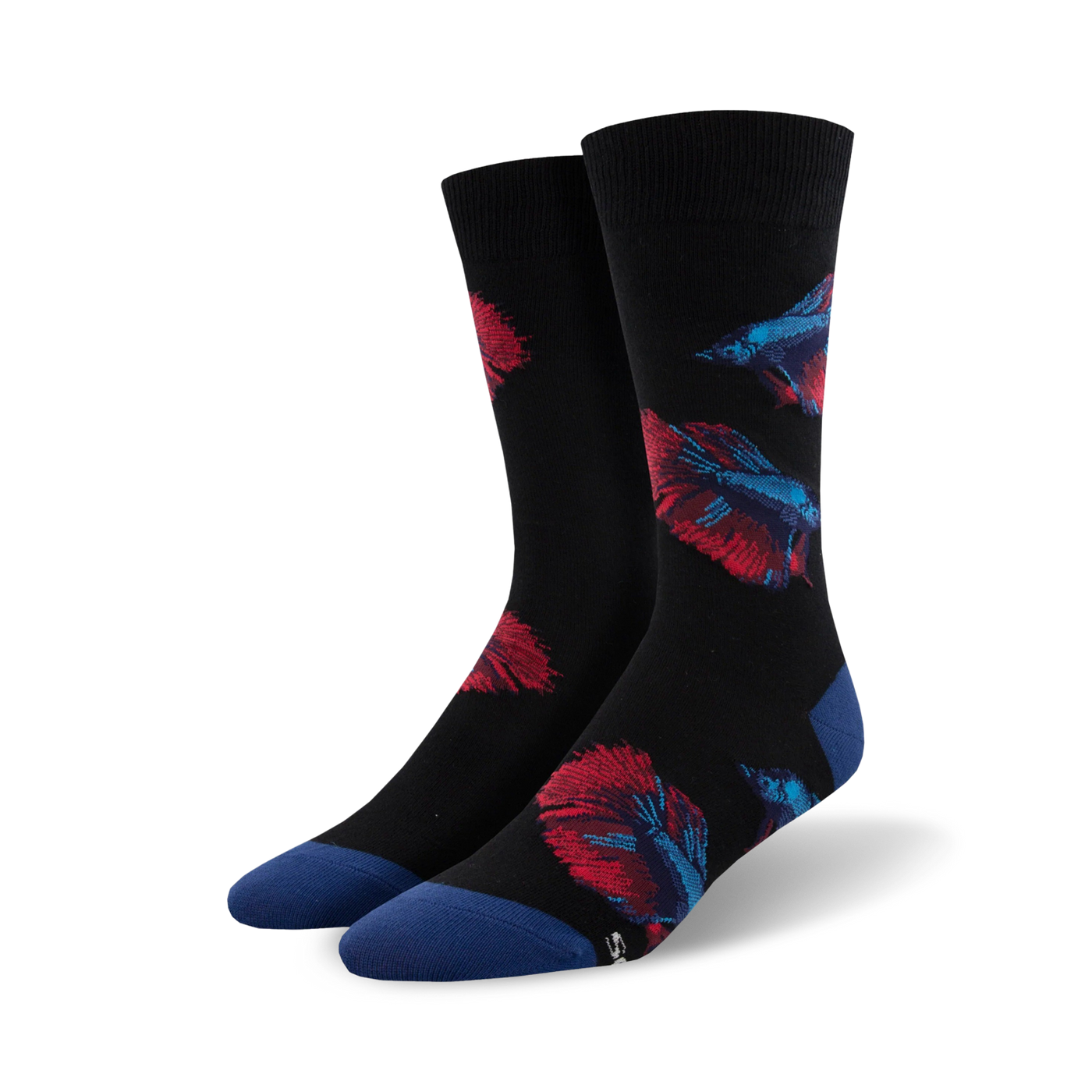 Pair of black crew socks with red and blue betta fish designs.  Features a navy blue cuff.