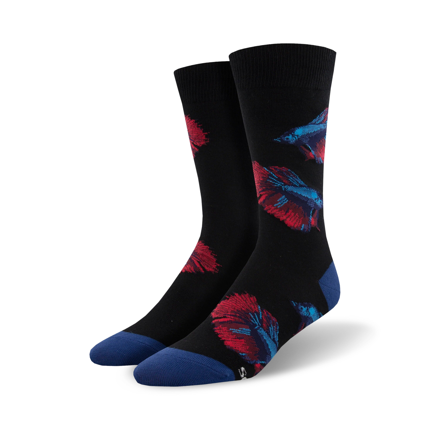 Pair of black crew socks with red and blue betta fish designs.  Features a navy blue cuff.