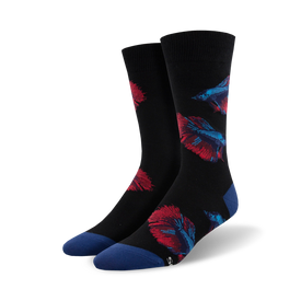 black crew socks with red and blue betta fish pattern  