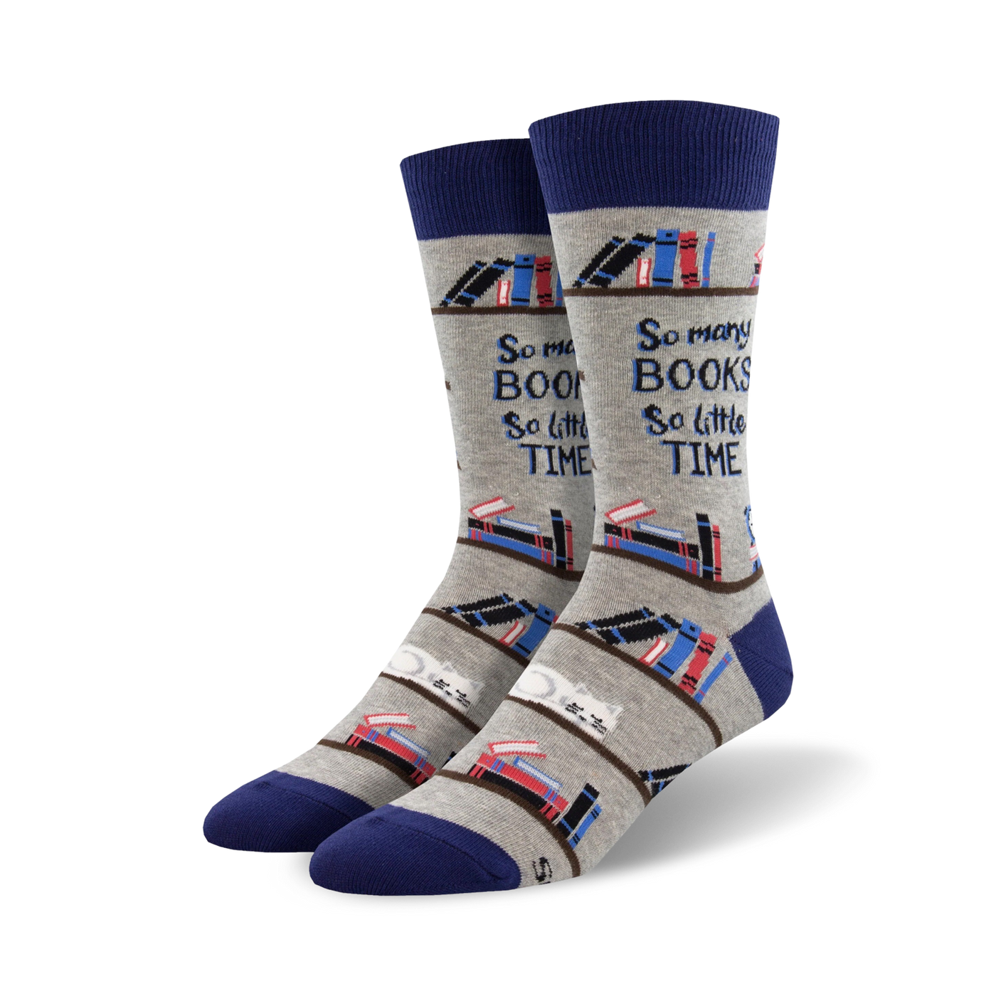 A pair of crew socks in grey with navy blue cuffs. The socks feature a repeating pattern of books on shelves and the text 'So many books, so little time'.