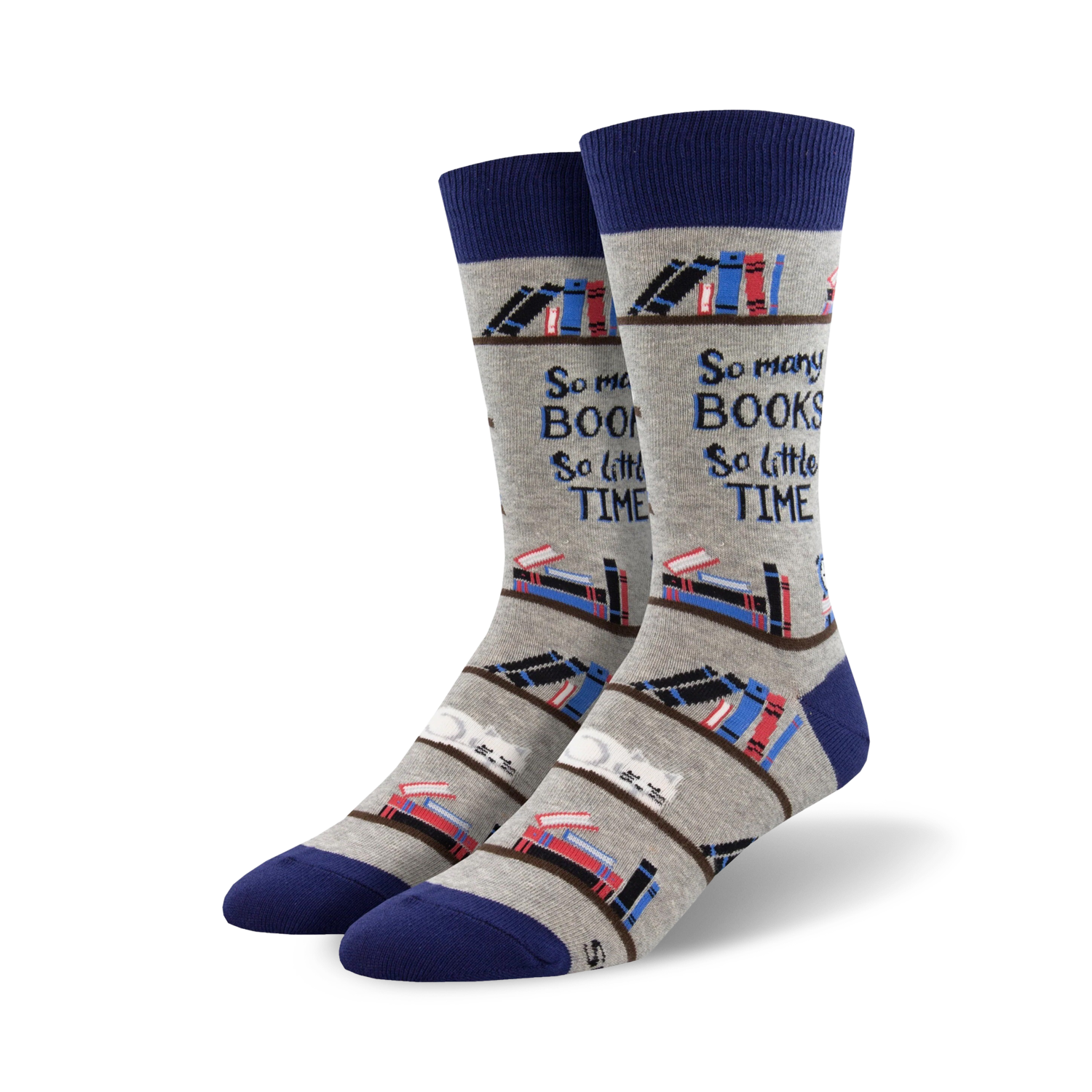 A pair of crew socks in grey with navy blue cuffs. The socks feature a repeating pattern of books on shelves and the text 'So many books, so little time'.