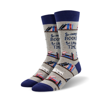 time for a good book art & literature themed mens grey novelty crew socks