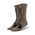 Pair of taupe crew socks with a detailed guitar graphic, showcasing the guitar neck, headstock, and tuning pegs. 