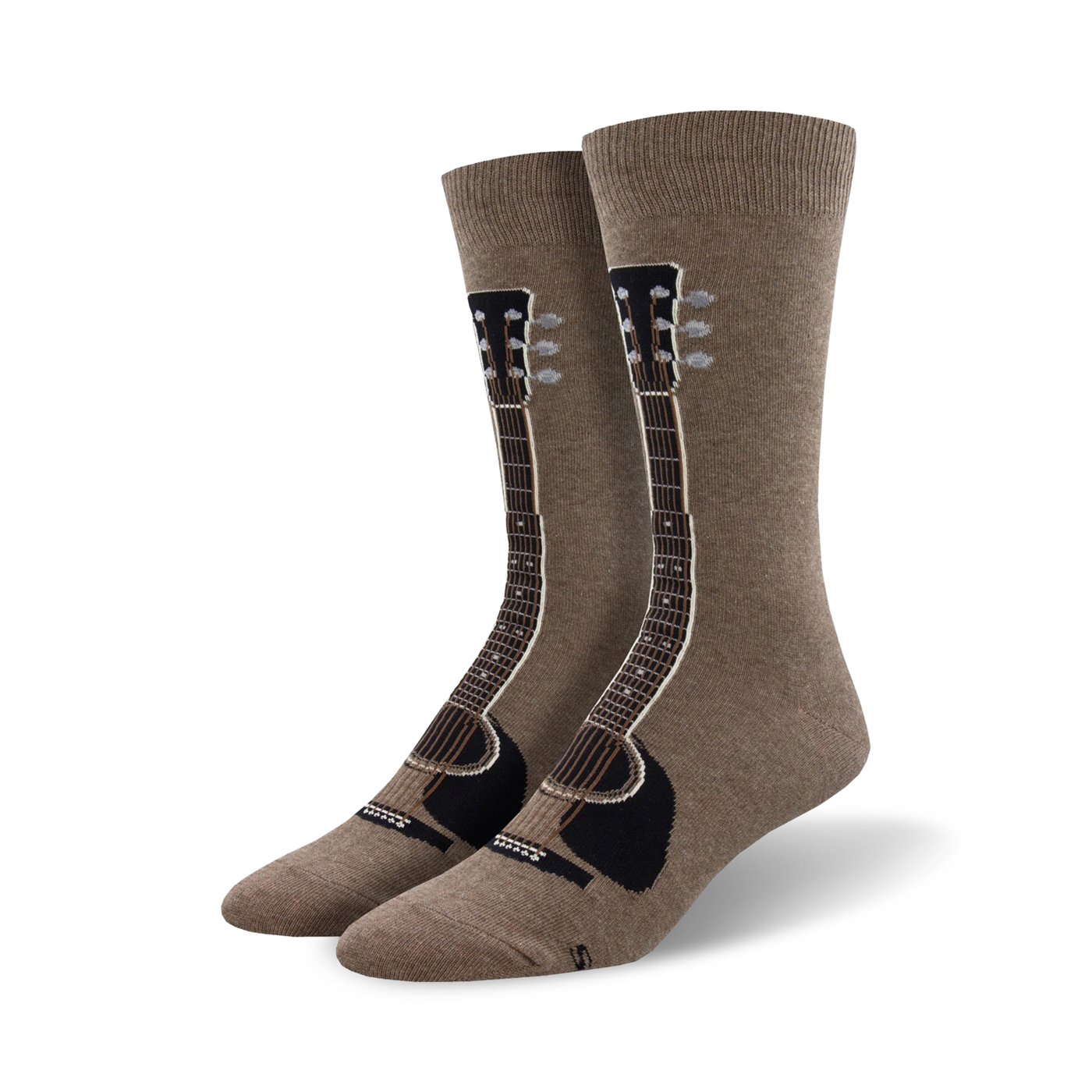 Pair of taupe crew socks with a detailed guitar graphic, showcasing the guitar neck, headstock, and tuning pegs. 