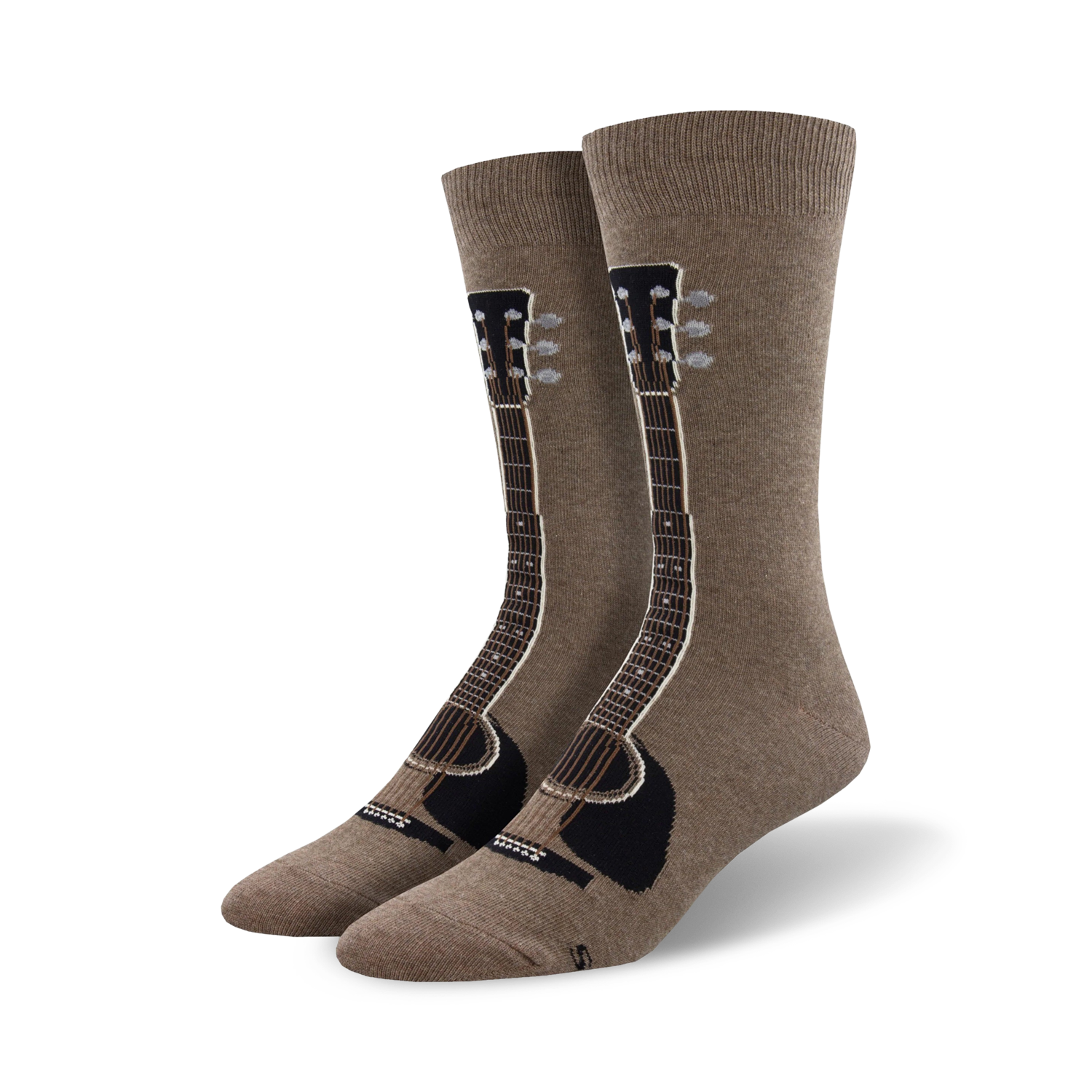 Pair of taupe crew socks with a detailed guitar graphic, showcasing the guitar neck, headstock, and tuning pegs. 