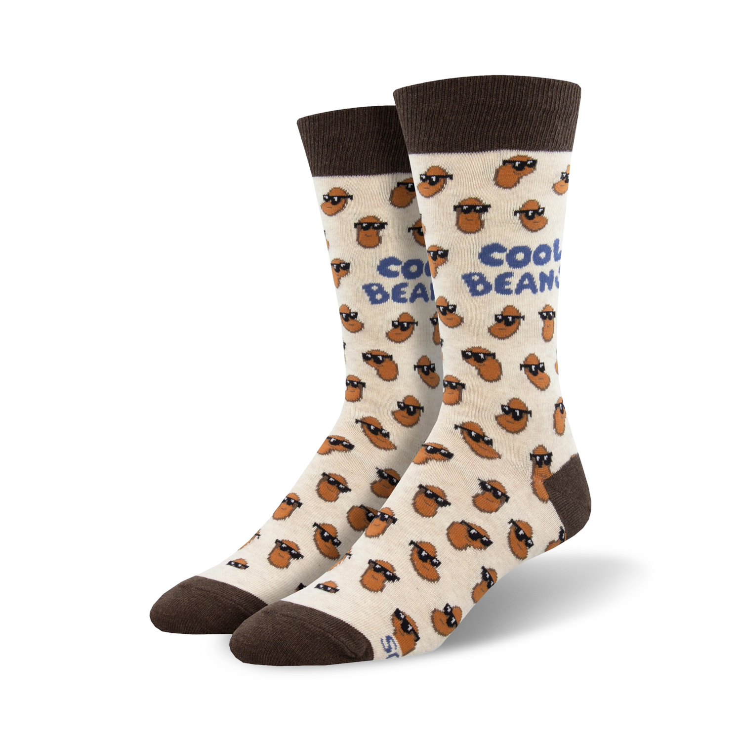 A pair of cream crew socks with brown bean characters wearing sunglasses. The socks have a 'Cool Beans' text and brown cuffs.