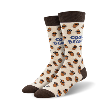  white socks with brown tops featuring cartoon beans wearing sunglasses, and the words 'cool beans'. mens crew.    