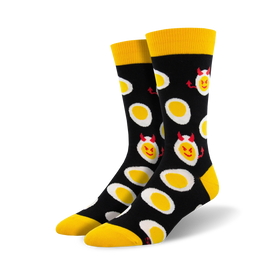 black crew socks with red horned and pitchforked cartoon deviled egg pattern. perfect for men with a taste for the devilishly eggy. 