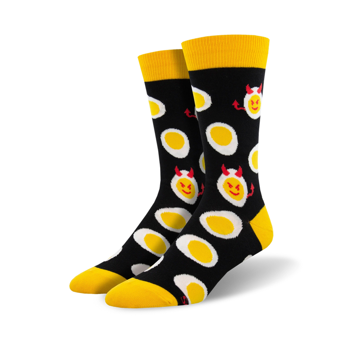 black crew socks with red horned and pitchforked cartoon deviled egg pattern. perfect for men with a taste for the devilishly eggy.  }}