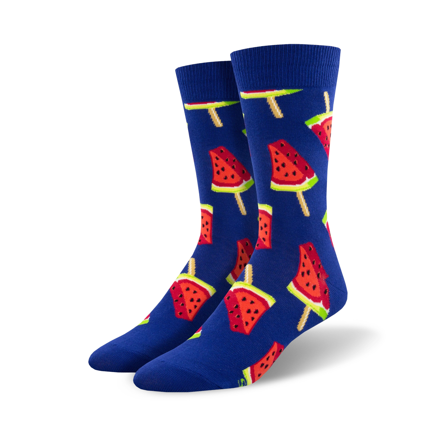 Pair of crew socks, blue and red, featuring a repeating pattern of watermelon popsicles.