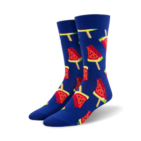 blue crew socks with a pattern of watermelon popsicles. 