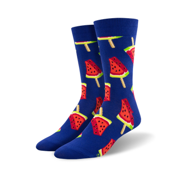 blue crew socks with a pattern of watermelon popsicles. 