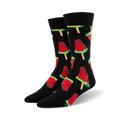 Close-up of black crew socks with watermelon popsicle design.