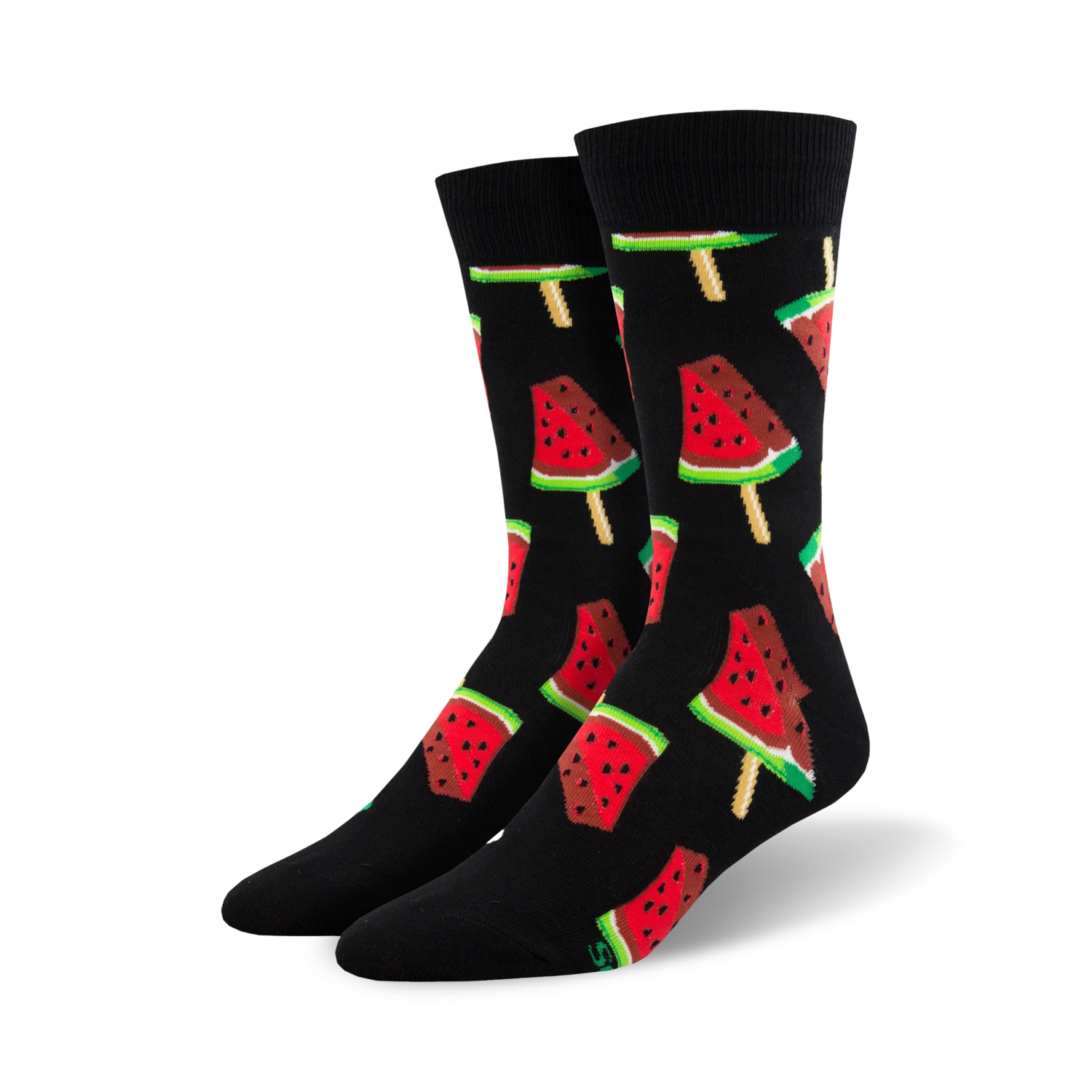 Close-up of black crew socks with watermelon popsicle design.