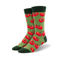 Pair of crew socks with a repeating pattern of red tomatoes on a green background.  Dark green cuffs.