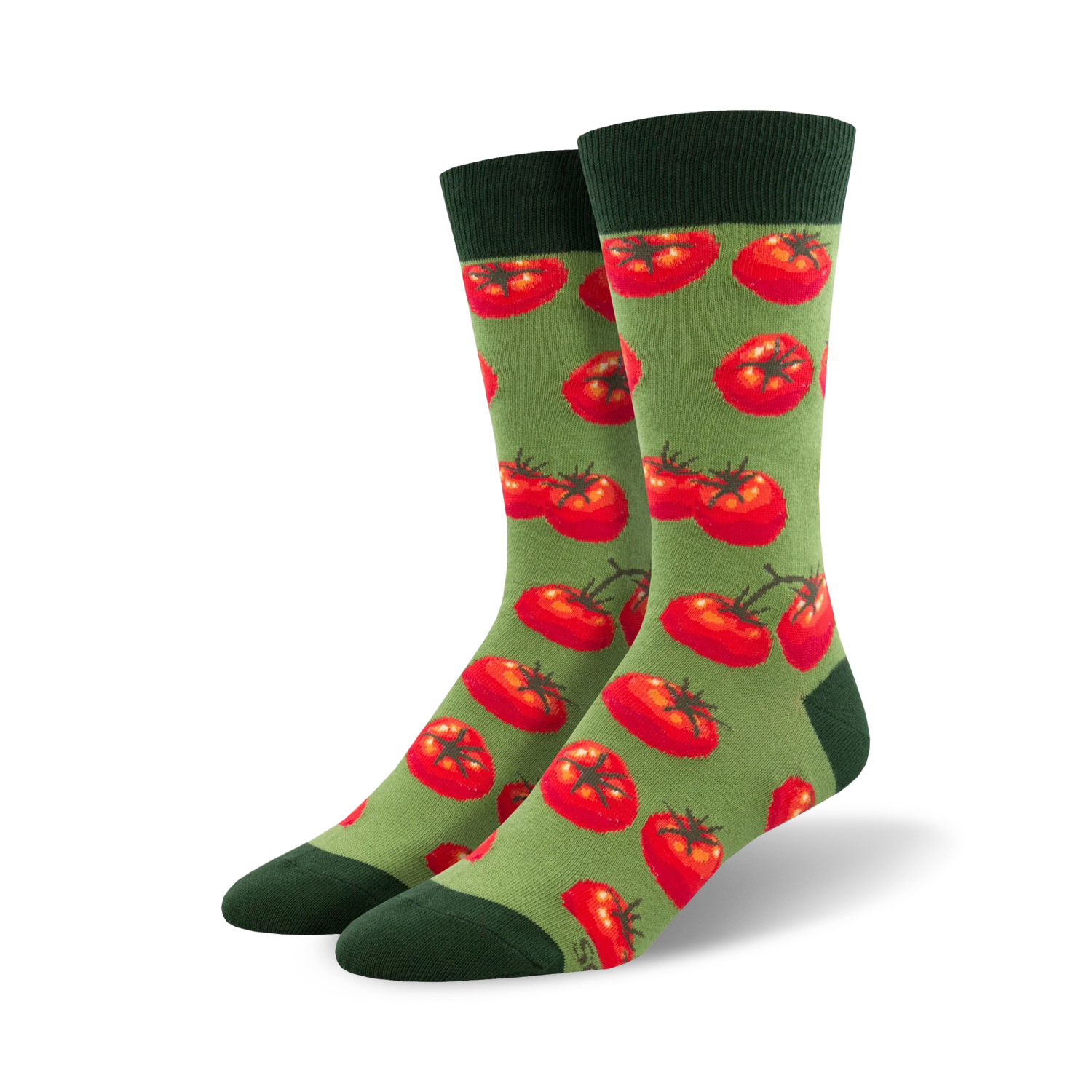 Pair of crew socks with a repeating pattern of red tomatoes on a green background.  Dark green cuffs.