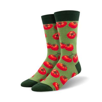 mens green crew socks with red tomatoes, yellow highlights, green stems, light green leaves, and dark green top. gardening theme.   