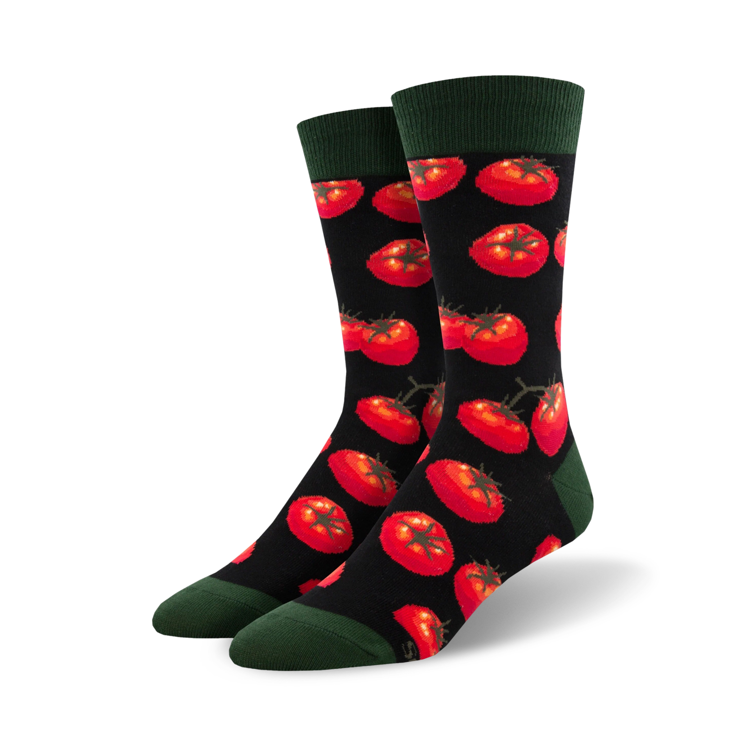 Close-up view of Toe-May-Toes socks with red tomatoes on a black background, showing the detail of the tomato pattern.