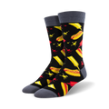 Pair of black crew socks with a fun hot dog, mustard, and ketchup design.  The socks have grey cuffs.