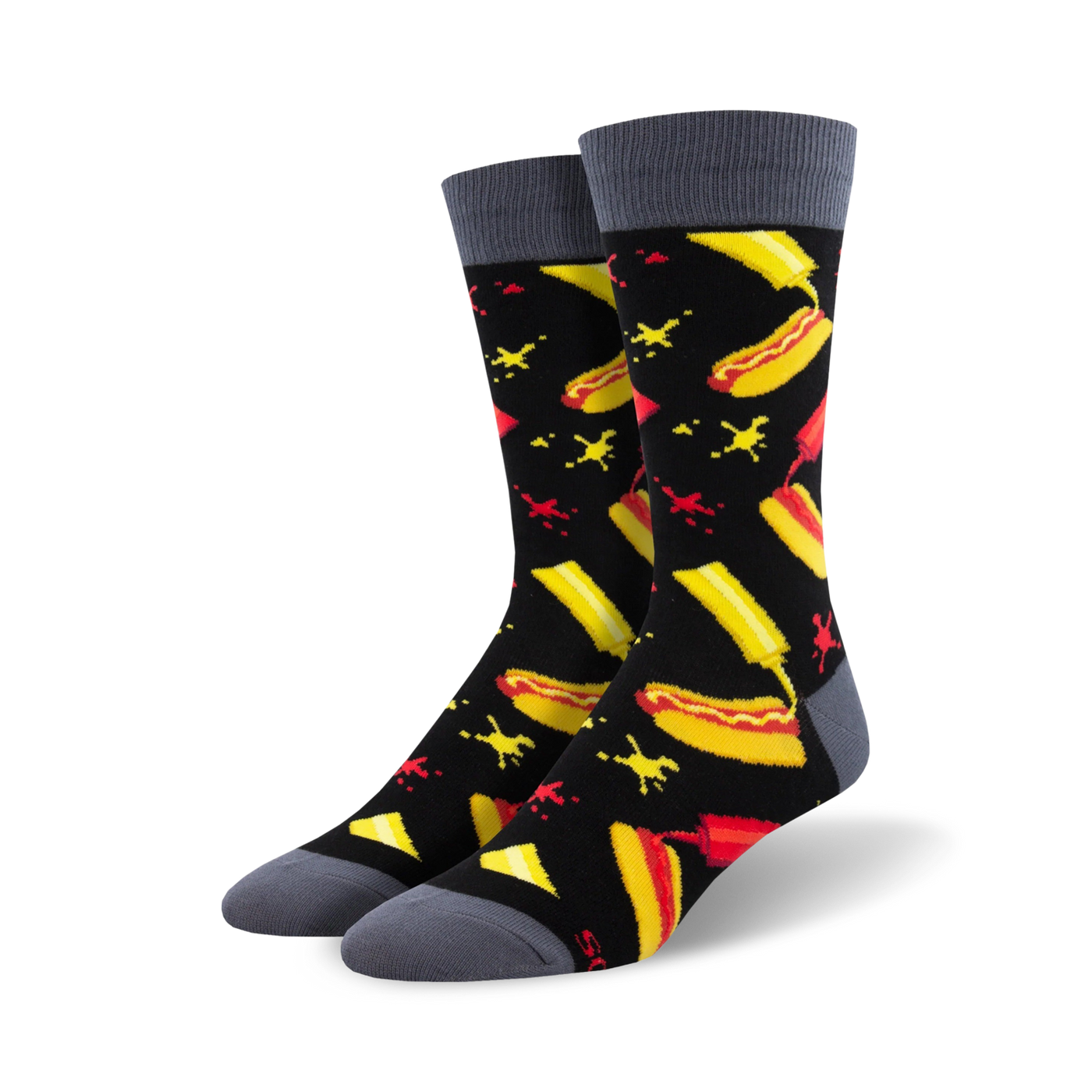 Pair of black crew socks with a fun hot dog, mustard, and ketchup design.  The socks have grey cuffs.