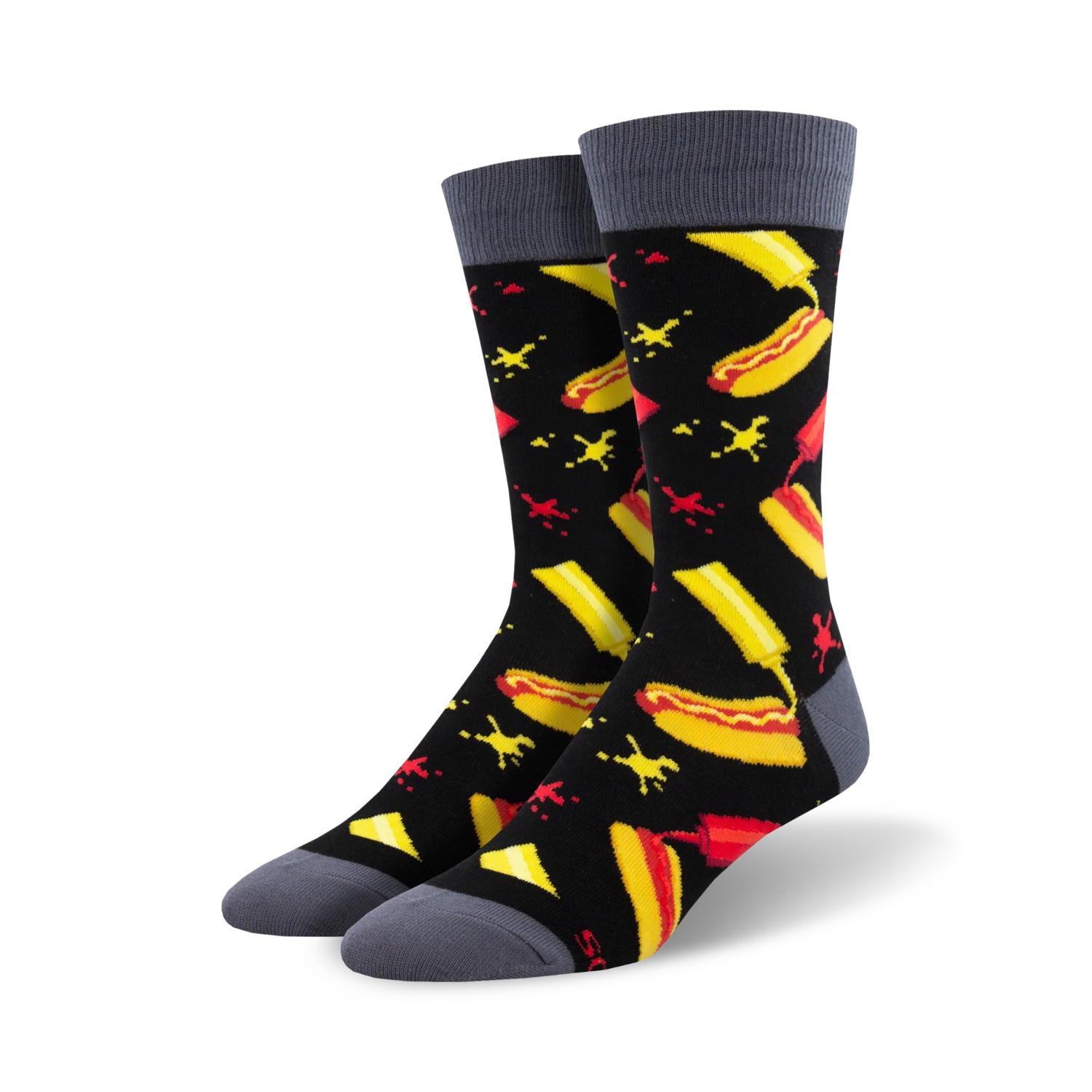 Pair of black crew socks with a fun hot dog, mustard, and ketchup design.  The socks have grey cuffs.