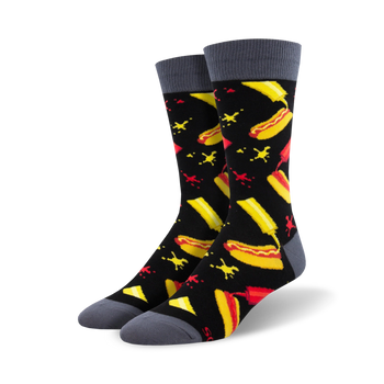 mens sausage fest novelty crew socks have a pattern of hot dogs, yellow mustard & red ketchup.   