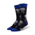 Pair of crew socks in black with gray brains and yellow lightning bolts.  Blue cuffs add a pop of color.