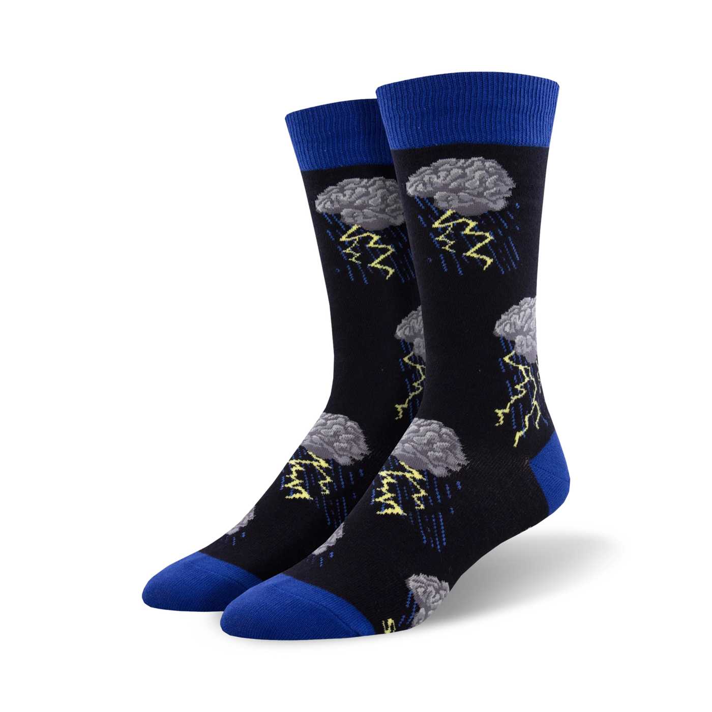 Pair of crew socks in black with gray brains and yellow lightning bolts.  Blue cuffs add a pop of color.
