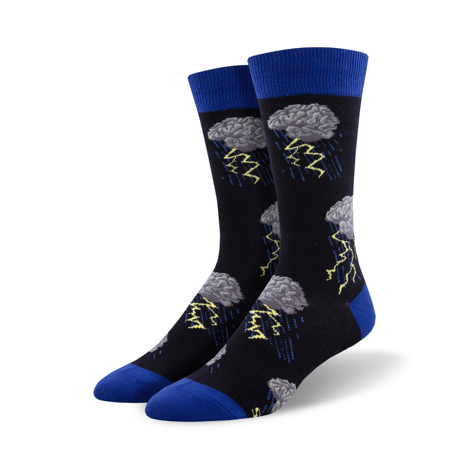 Pair of crew socks in black with gray brains and yellow lightning bolts.  Blue cuffs add a pop of color.