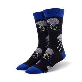 black crew socks with gray clouds and yellow lightning bolts.   