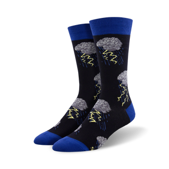 black crew socks with gray clouds and yellow lightning bolts.   