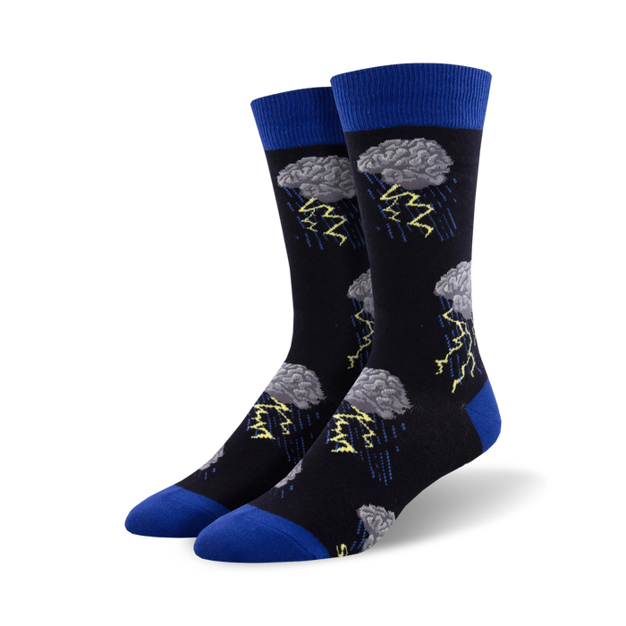 black crew socks with gray clouds and yellow lightning bolts.    }}