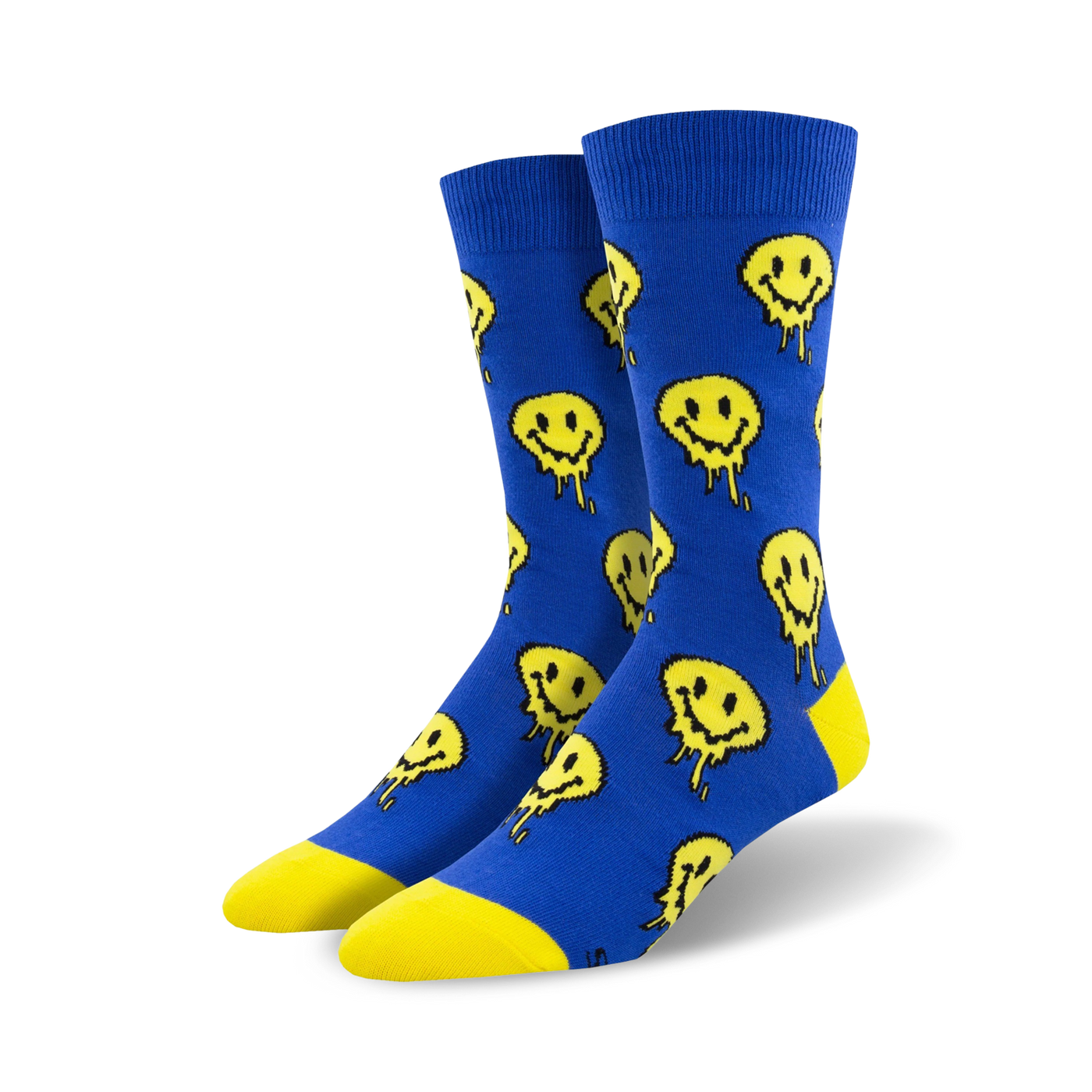 Pair of blue crew socks with a pattern of yellow melting smiley faces.  The socks have a yellow heel and toe.