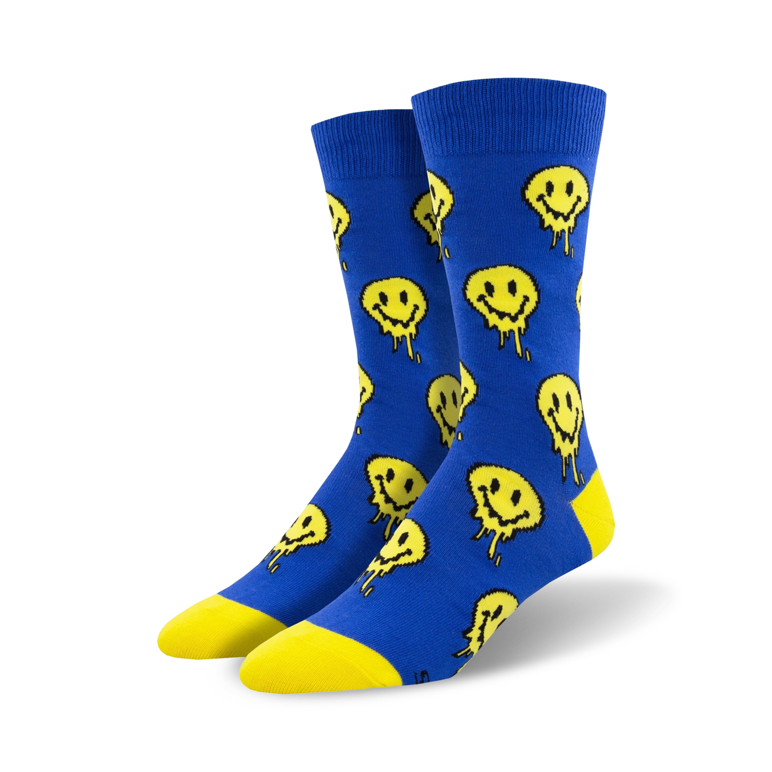 Pair of blue crew socks with a pattern of yellow melting smiley faces.  The socks have a yellow heel and toe.