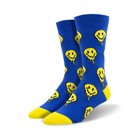 mens crew socks with blue melting yellow smiley face pattern.  