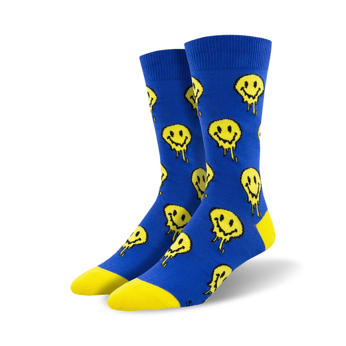 mens crew socks with blue melting yellow smiley face pattern.   }}