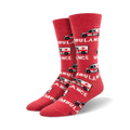 Pair of crew socks, red and white, featuring a repeating pattern of pixelated ambulances and the word 'AMBULANCE'.