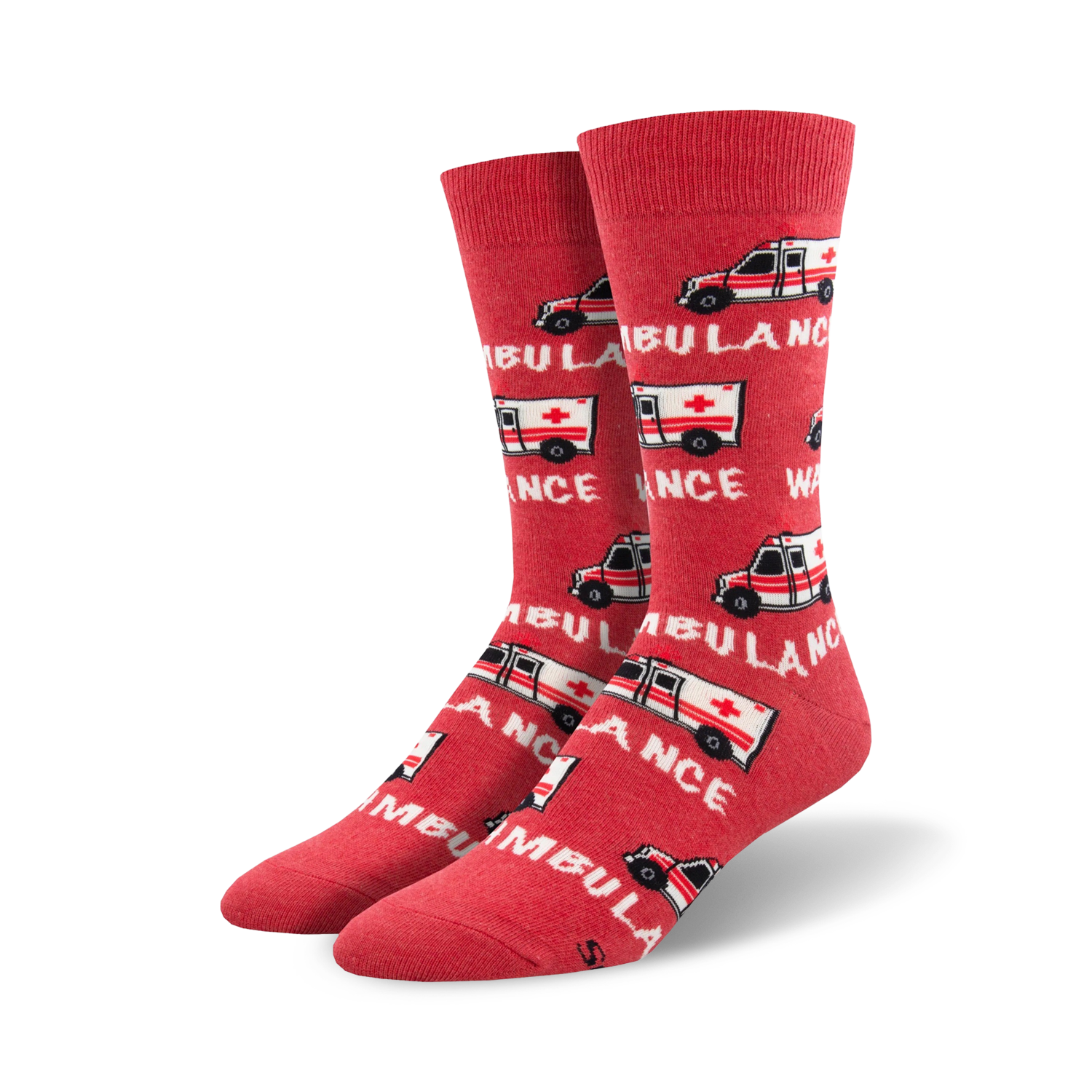 Pair of crew socks, red and white, featuring a repeating pattern of pixelated ambulances and the word 'AMBULANCE'.