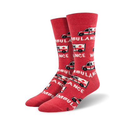 mens crew socks wambulance red with white ambulance pattern   