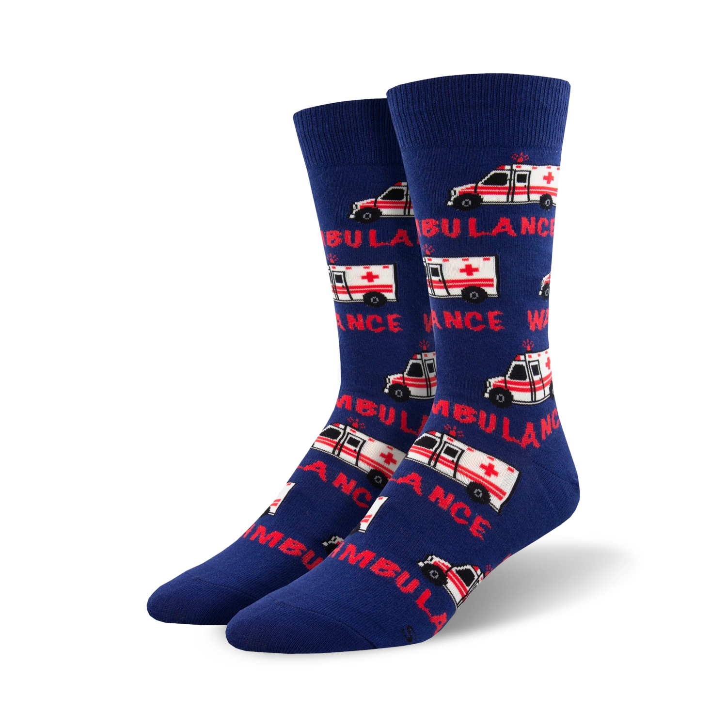 Lifestyle shot showing a person's feet wearing the blue 'Wambulance' socks.