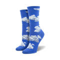 Pair of women's crew socks in blue with a white cloud pattern.  The socks are comfortable and fun.