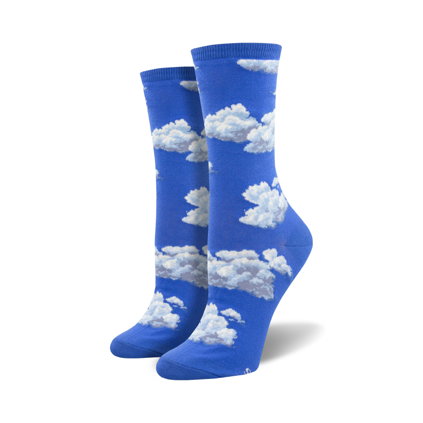 Pair of women's crew socks in blue with a white cloud pattern.  The socks are comfortable and fun.