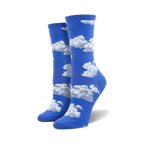 Pair of women's crew socks in blue with a white cloud pattern.  The socks are comfortable and fun.