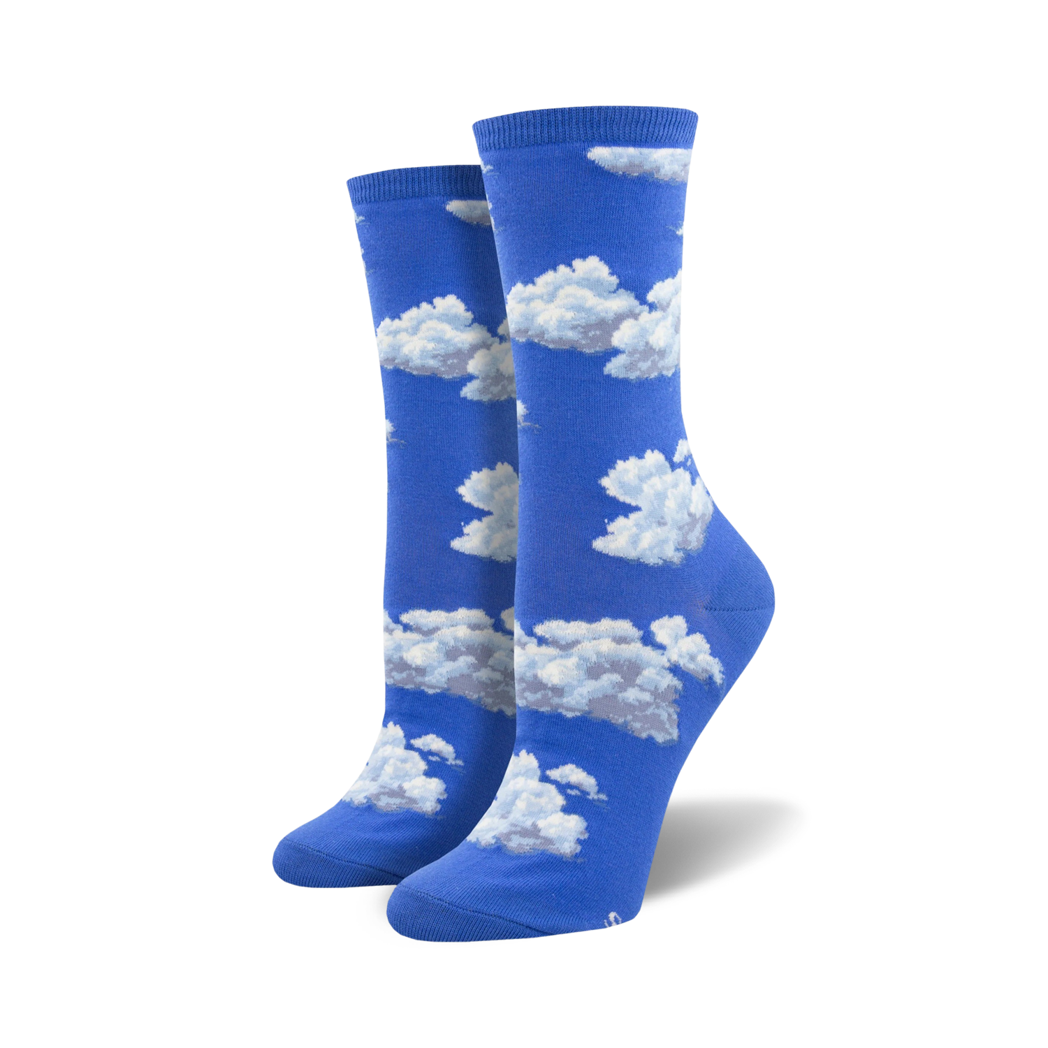 Pair of women's crew socks in blue with a white cloud pattern.  The socks are comfortable and fun.
