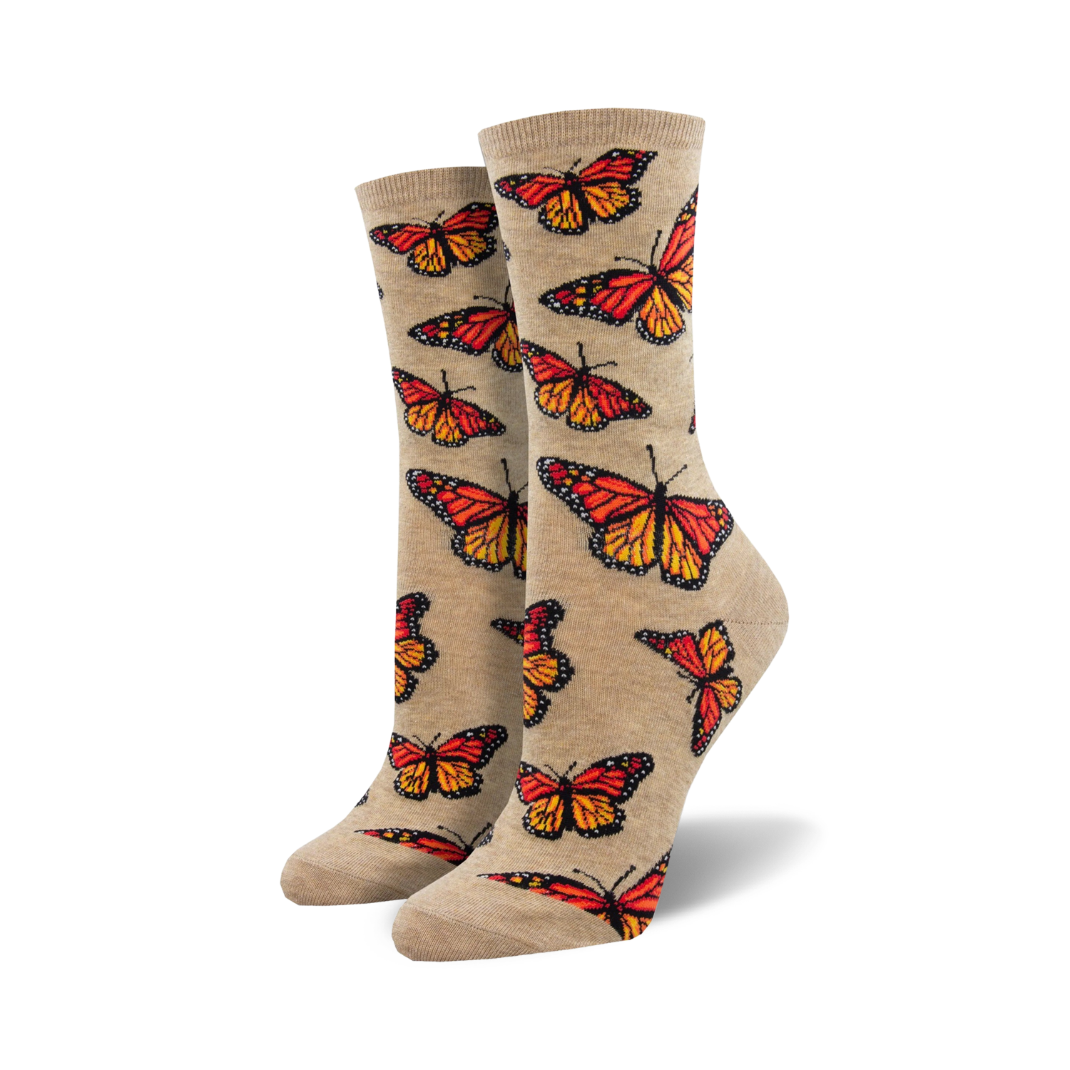 Pair of women's crew socks.  Beige and orange monarch butterflies are printed on a light beige background. Fun and colorful.