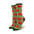 Pair of crew socks featuring a whimsical tomato pattern. Available in green and cream with red tomatoes.
